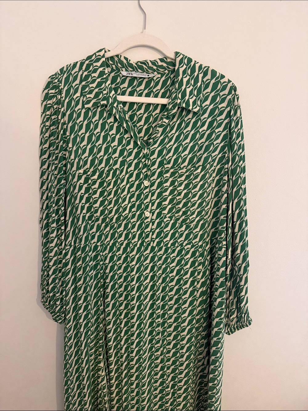 Zara Green White Geometric Print Midi Shirt Dress Collared Button Front Size XXL - Picture 3 of 8